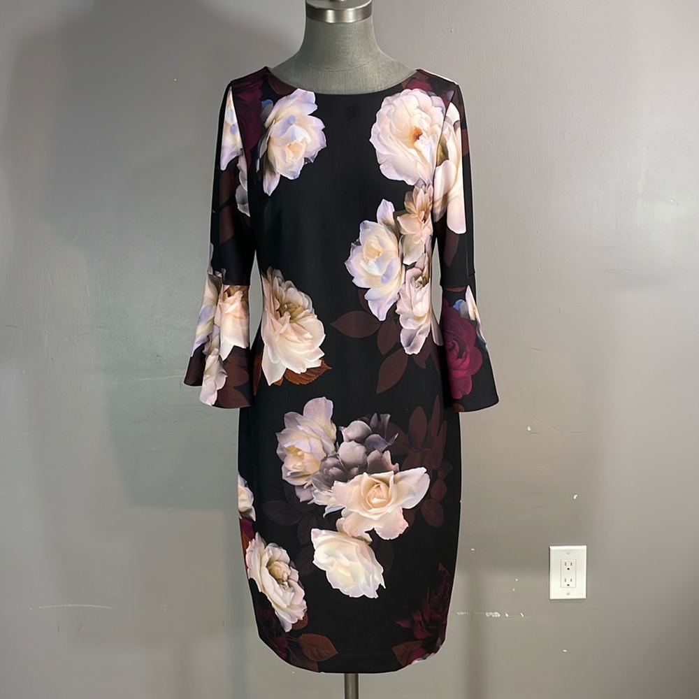 Calvin Klein size 10 bell sleeve floral stretchy sheath dress